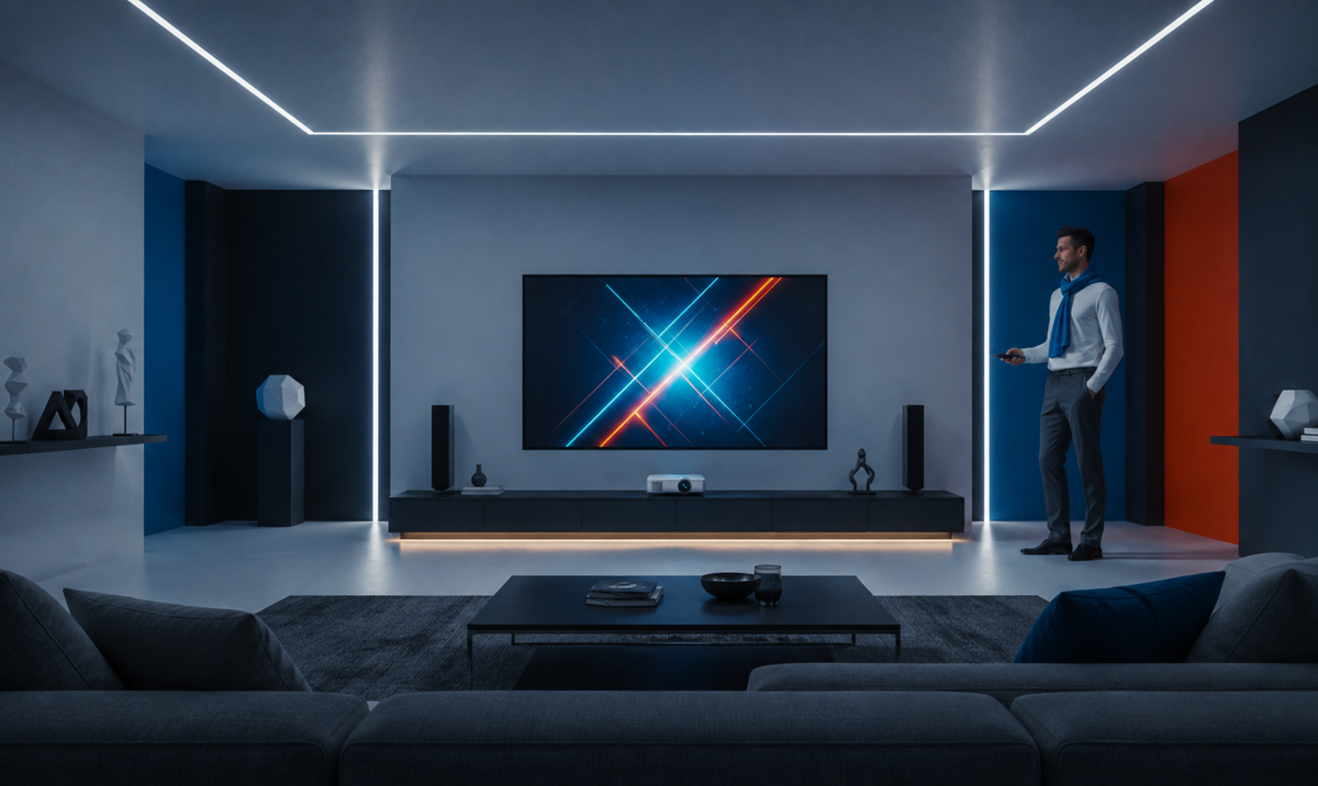 Man enjoying a movie night with the Skycast Portable Projector