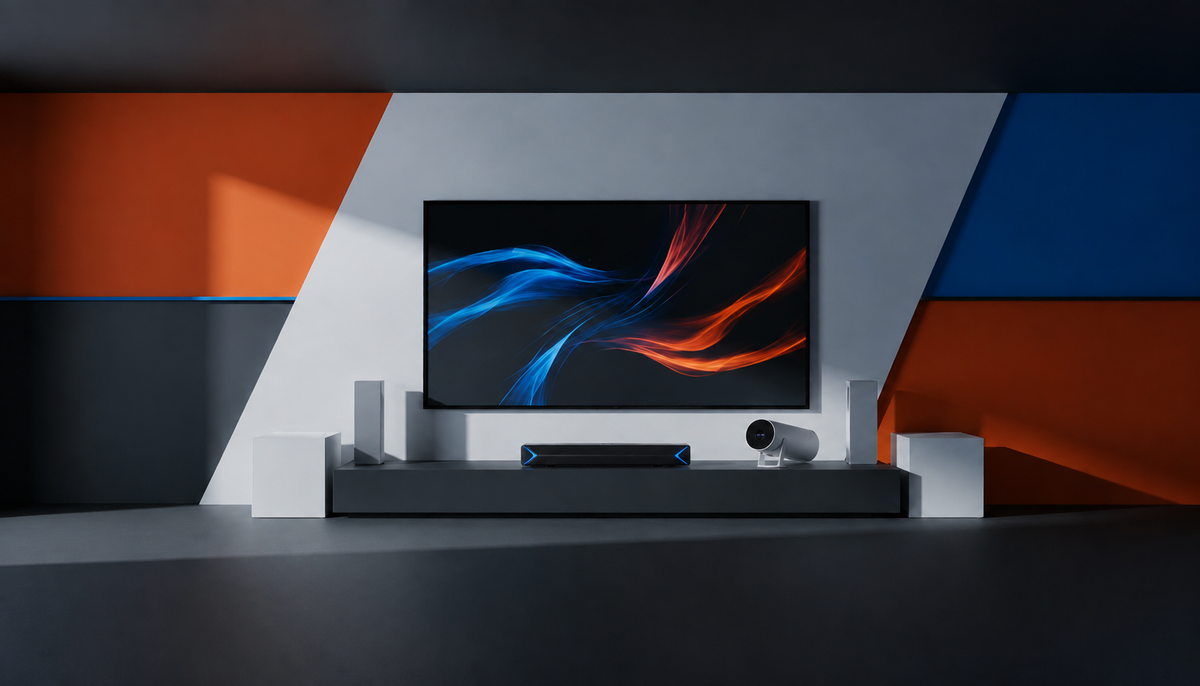 Skycast Portable Projector displaying a large screen in a living room